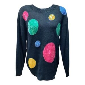 IB Diffusion Black Sequin Sweater Vintage Polka Dot Silk Angora Wool Blend  - L‎